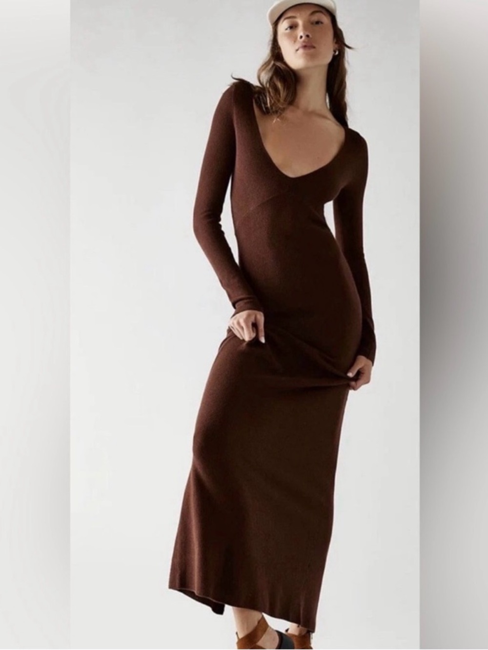 Free People Ribbed Brown V-Neck Maxi Dress
